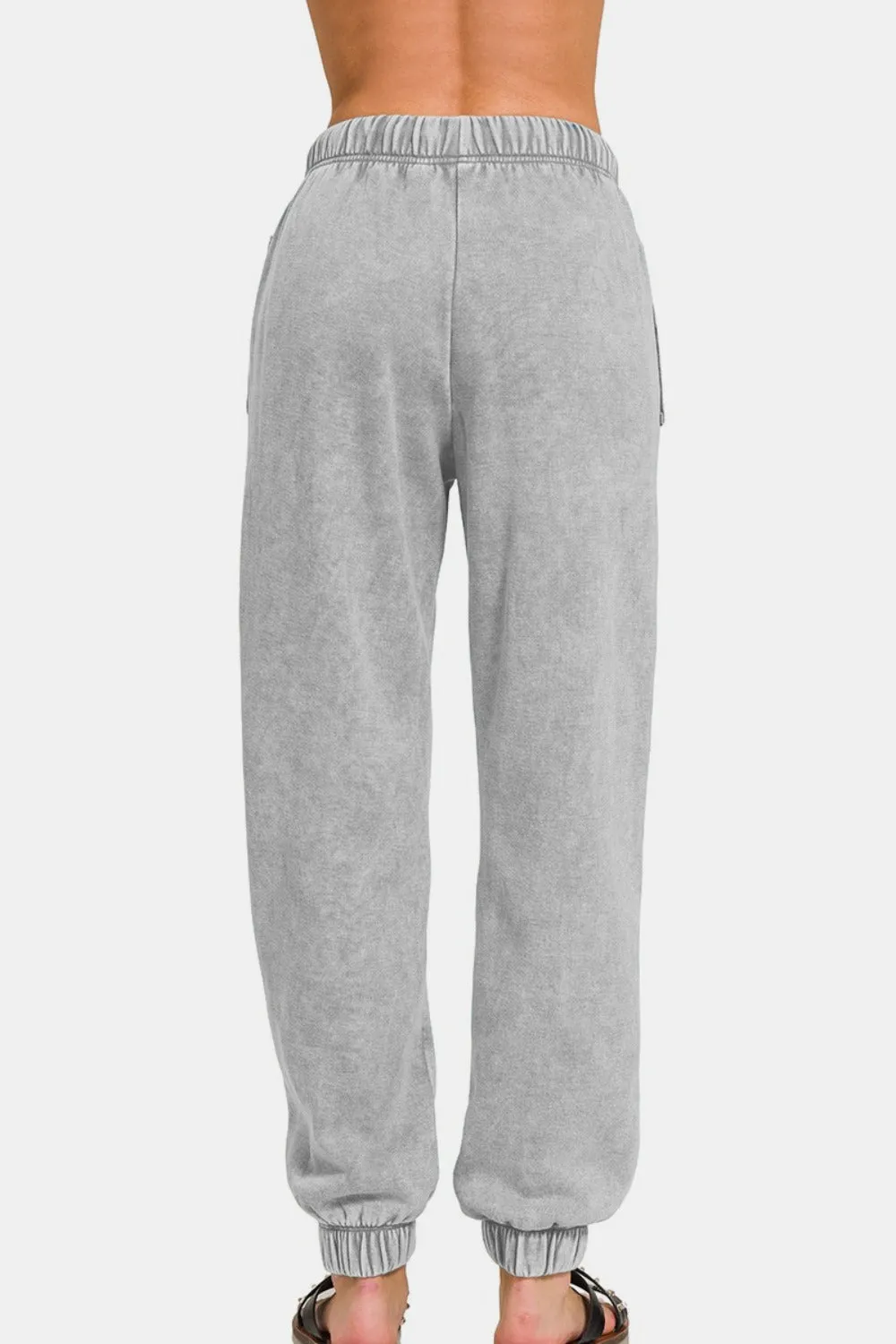Zenana Acid Wash Fleece Drawstring Sweatpants with Pockets in Sleet Gray